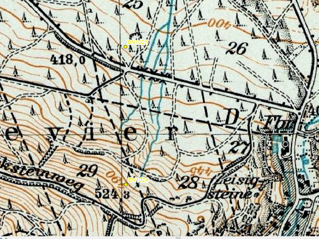 Pramen v lokalitě u obce Buchenberg, výřez mapy  z roku 1938 vytvořen z originálu uloženém ve Státním okresním archivu v Liberci