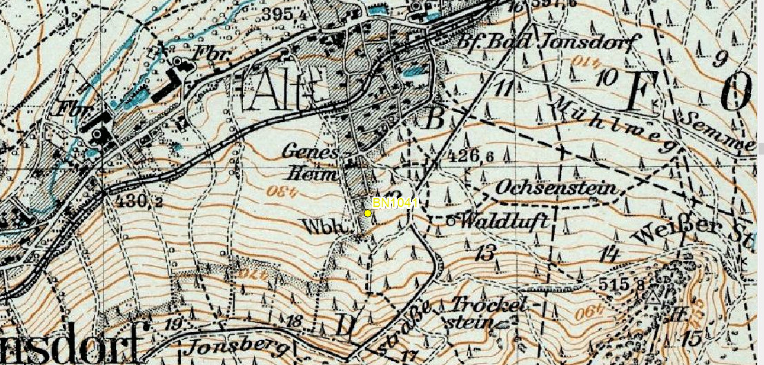 Pramen v katastru obce Jonsberg, výřez mapy z roku 1938 vytvořen z originálu uloženém ve Státním okresním archivu v Liberci
