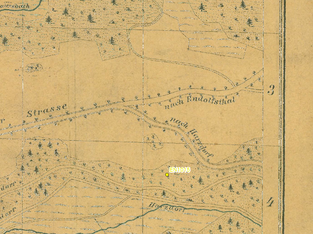 Pramen v lokalitě u Harcovské přehrady, výřez mapy z roku 1882 vytvořen z originálu uloženém ve Státním okresním archivu v Liberci
